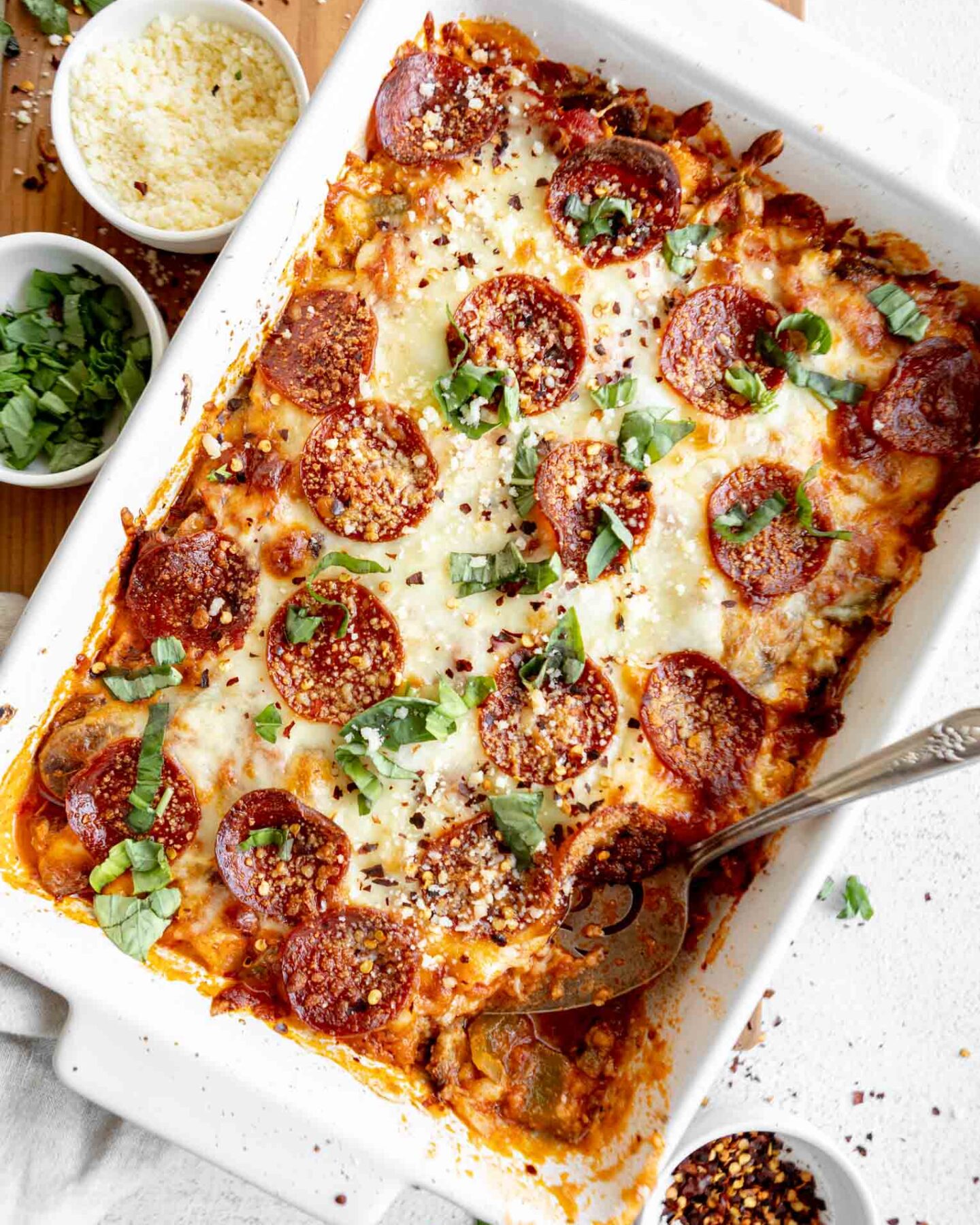 Cauliflower Pizza Casserole low-carb recipe in a baking dish.