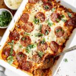 Cauliflower Pizza Casserole low-carb recipe in a baking dish.