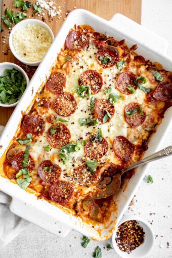 Cauliflower Pizza Casserole low-carb recipe in a baking dish.