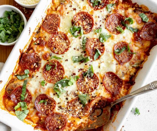 Cauliflower Pizza Casserole low-carb recipe in a baking dish.