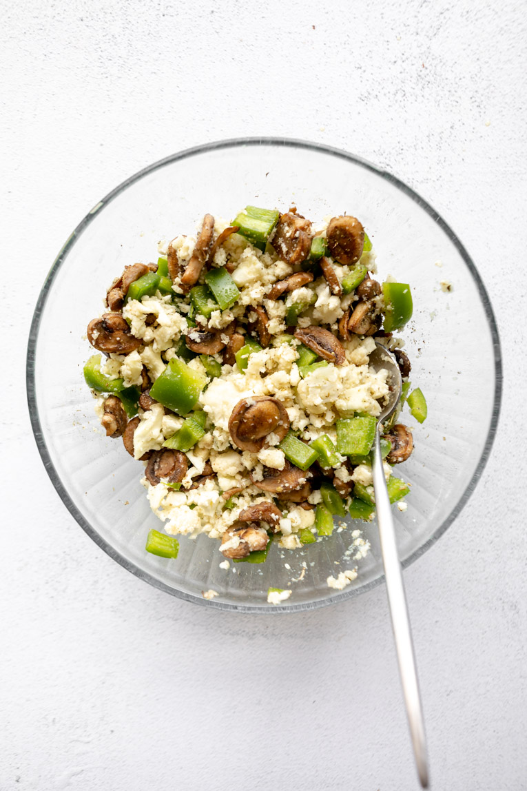 Veggie mixture for keto pizza casserole.
