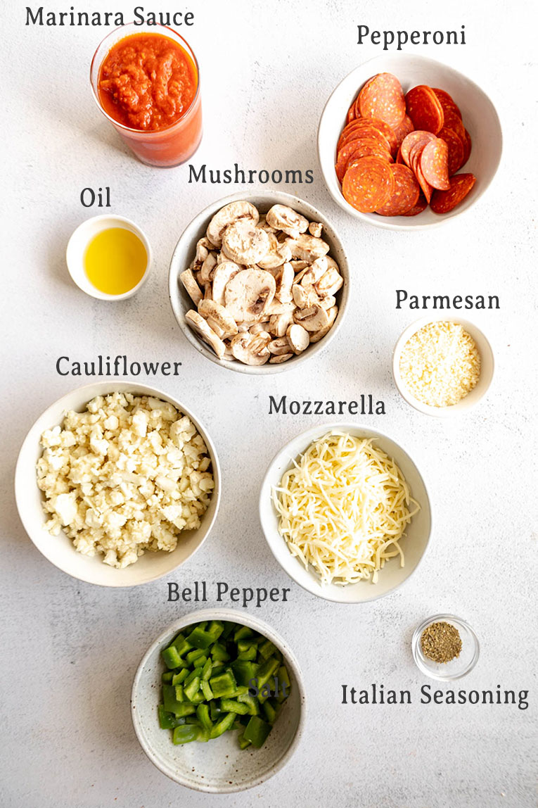 Ingredients for Cauliflower Pizza Casserole Keto Recipe.