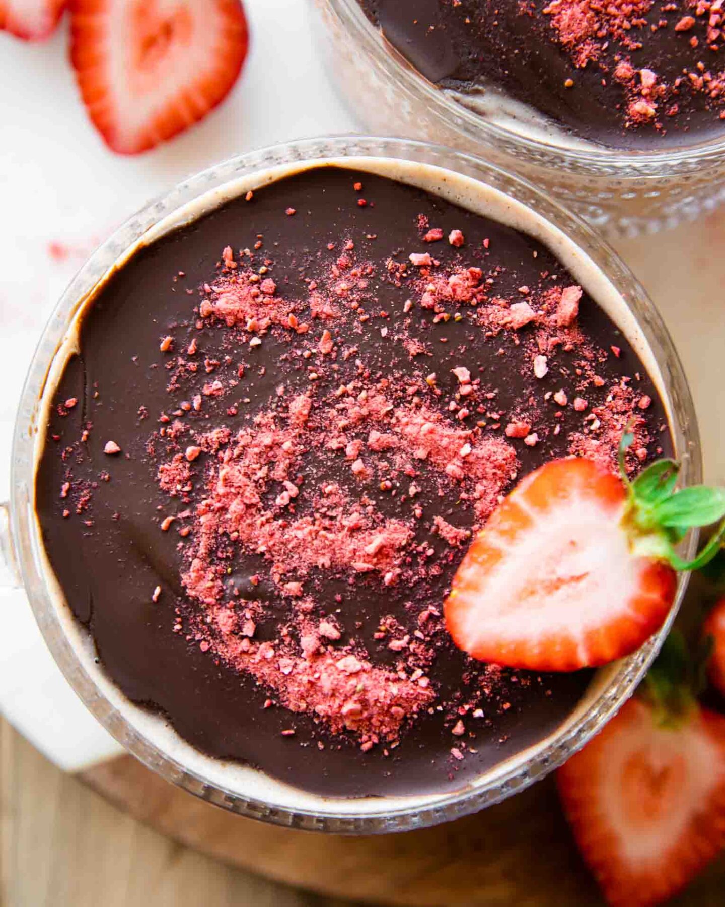 Close up of Chocolate Covered Strawberry Overnight Oats in a jar.