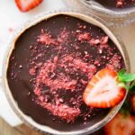 Close up of Chocolate Covered Strawberry Overnight Oats in a jar.