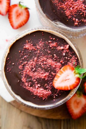 Close up of Chocolate Covered Strawberry Overnight Oats in a jar.