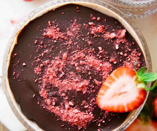 Close up of Chocolate Covered Strawberry Overnight Oats in a jar.