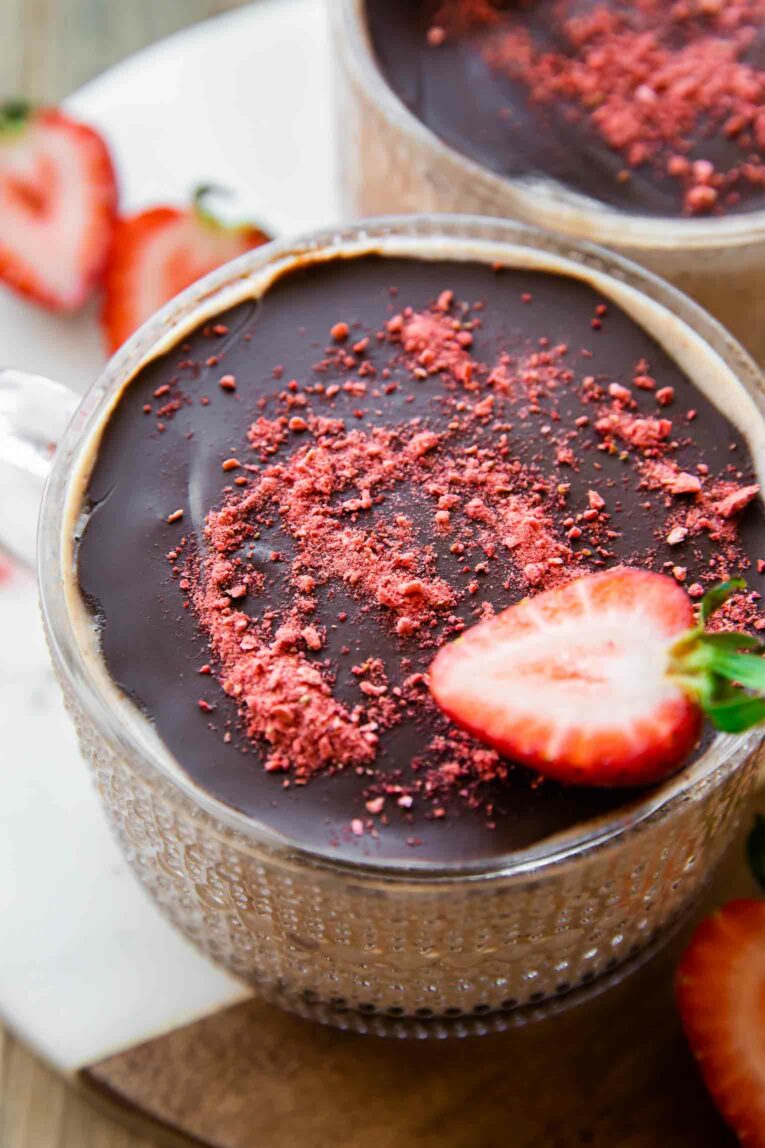 Angled photo of Chocolate Covered Strawberry Overnight Oats.