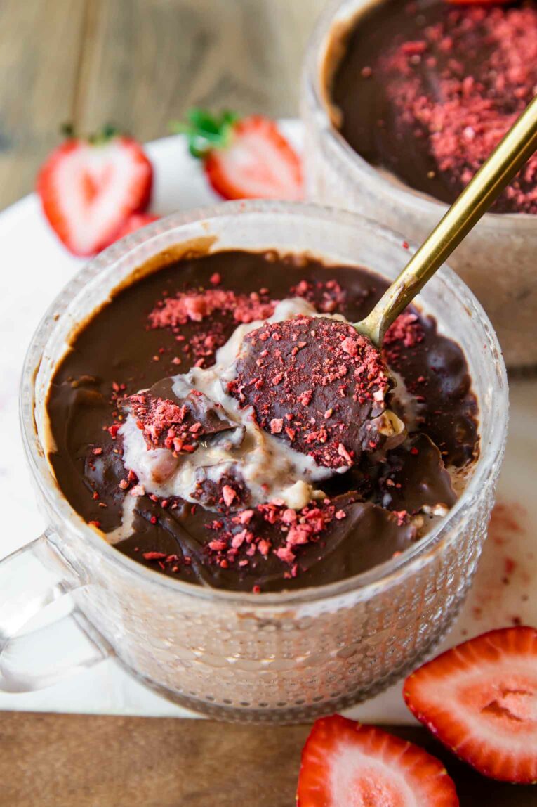 Chocolate strawberry overnight oats with magic shell.