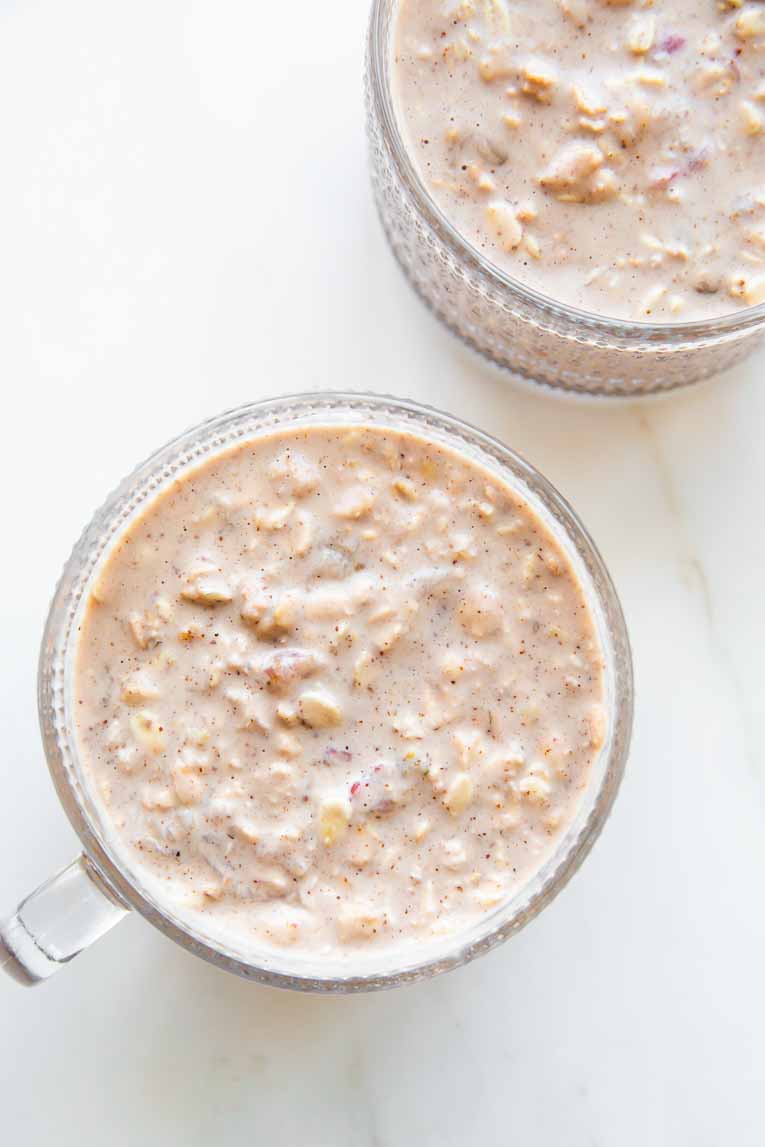Strawberry oats in overnight oat mugs.