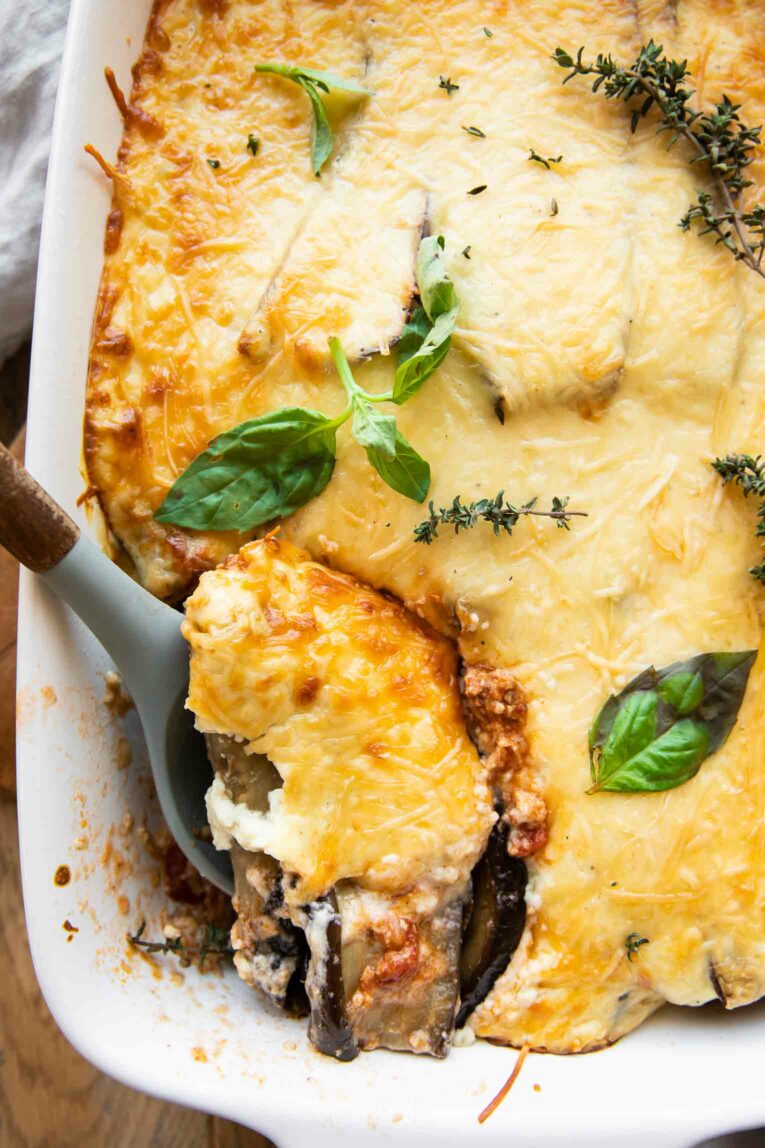 Eggplant Ground Turkey Moussaka close up.
