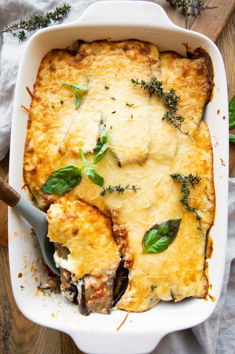 Eggplant moussaka in a casserole dish.
