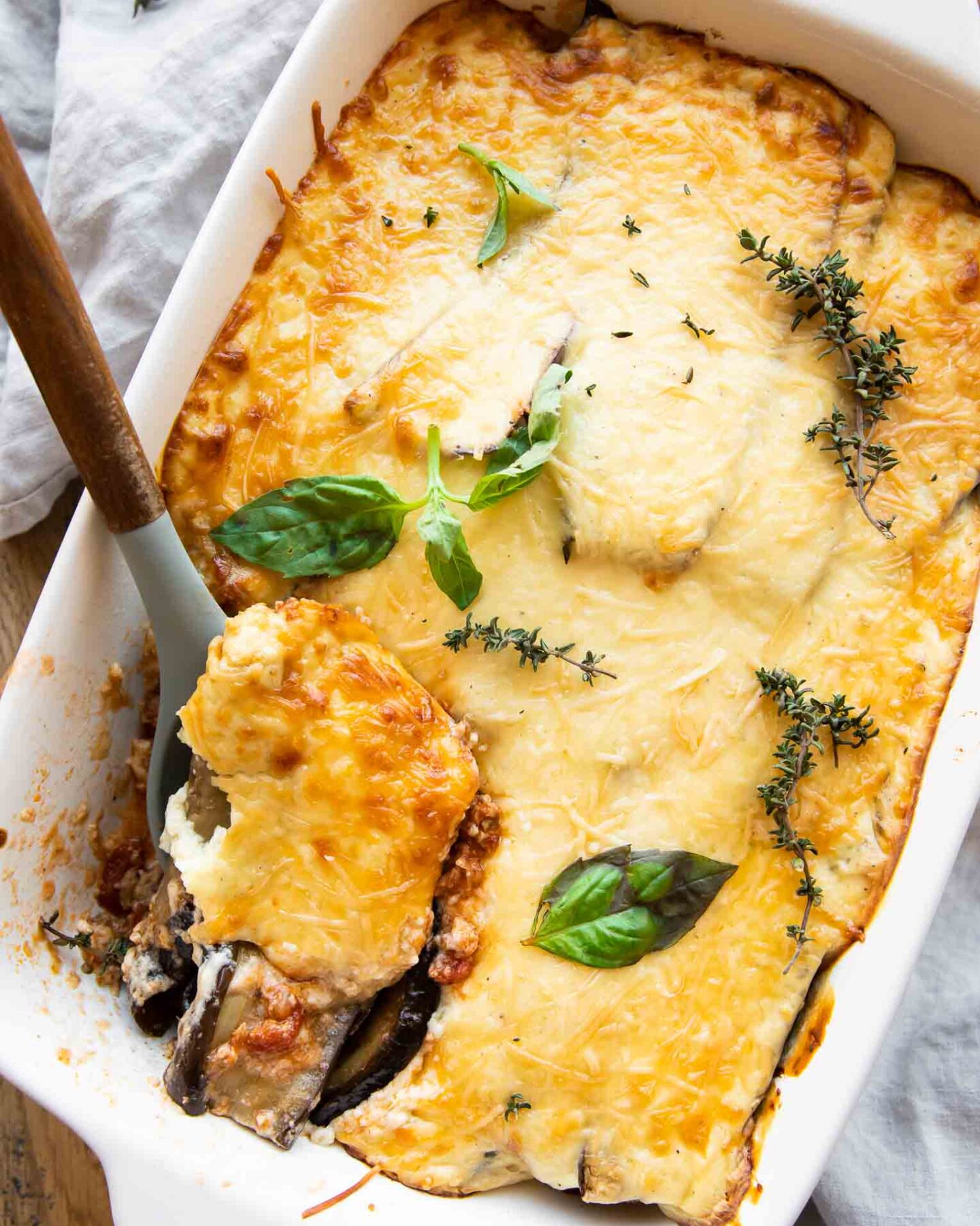 Top shot photo of Eggplant Ground Turkey Moussaka recipe.