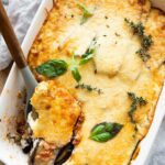 Top shot photo of Eggplant Ground Turkey Moussaka recipe.