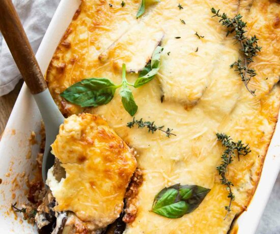 Top shot photo of Eggplant Ground Turkey Moussaka recipe.