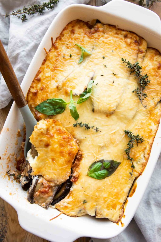 Top shot photo of Eggplant Ground Turkey Moussaka recipe.