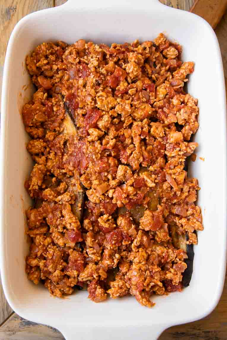 Meat sauce layer in moussaka.