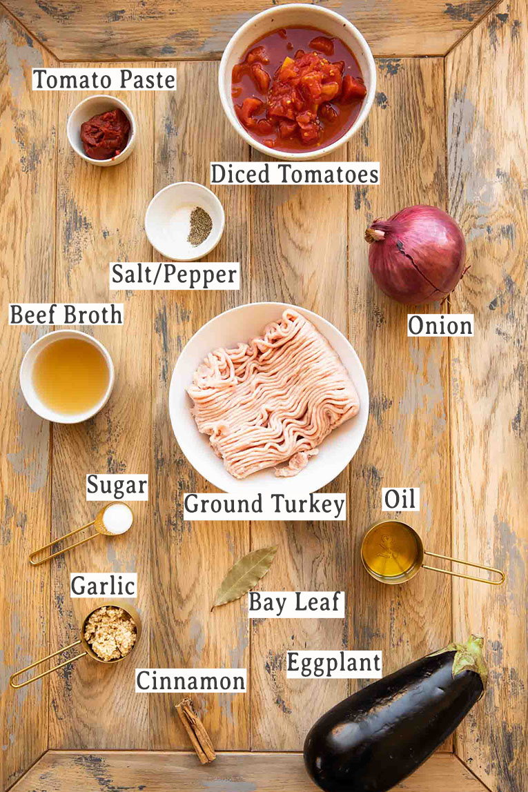 Ground turkey meat sauce ingredients for eggplant moussaka.