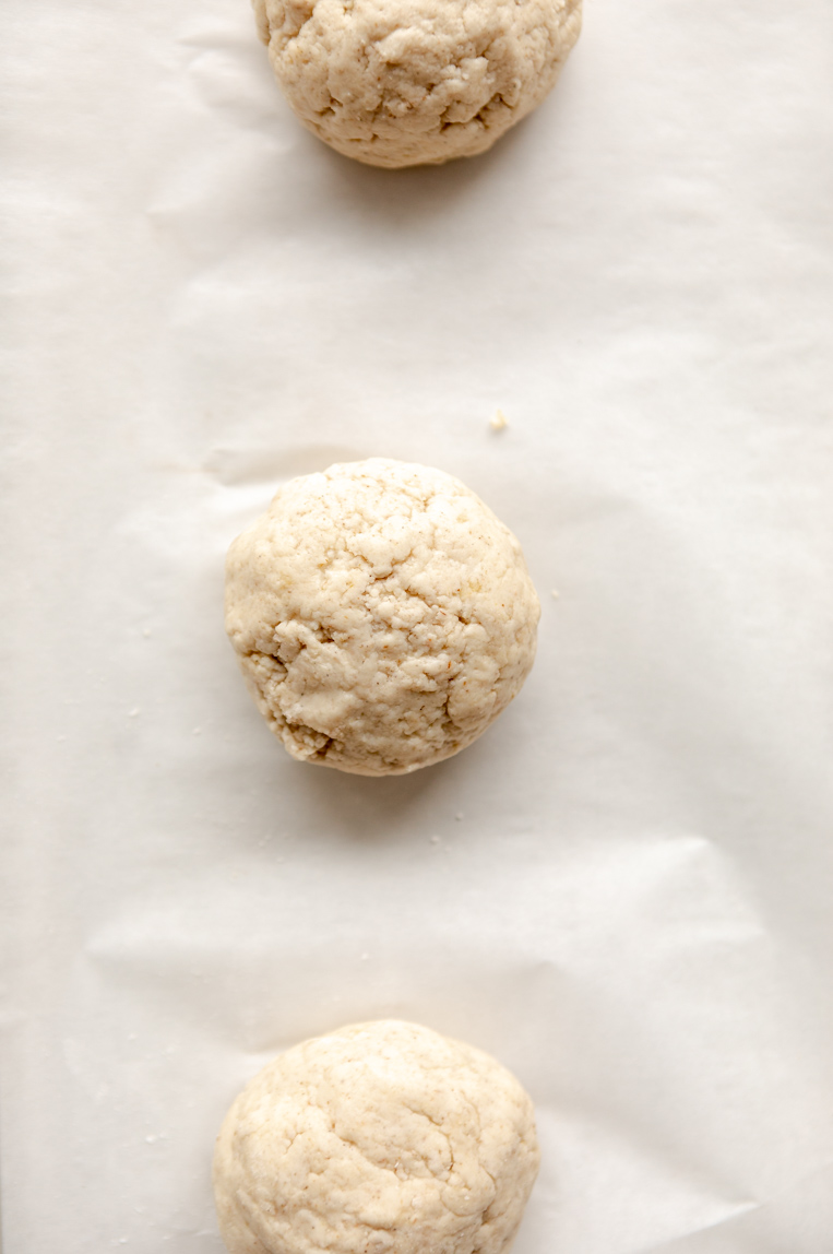 Gluten free bagel dough rolled into a ball.