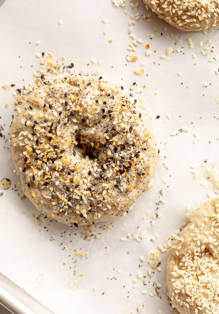 Everything bagel seasoning on gluten-free bagel dough.
