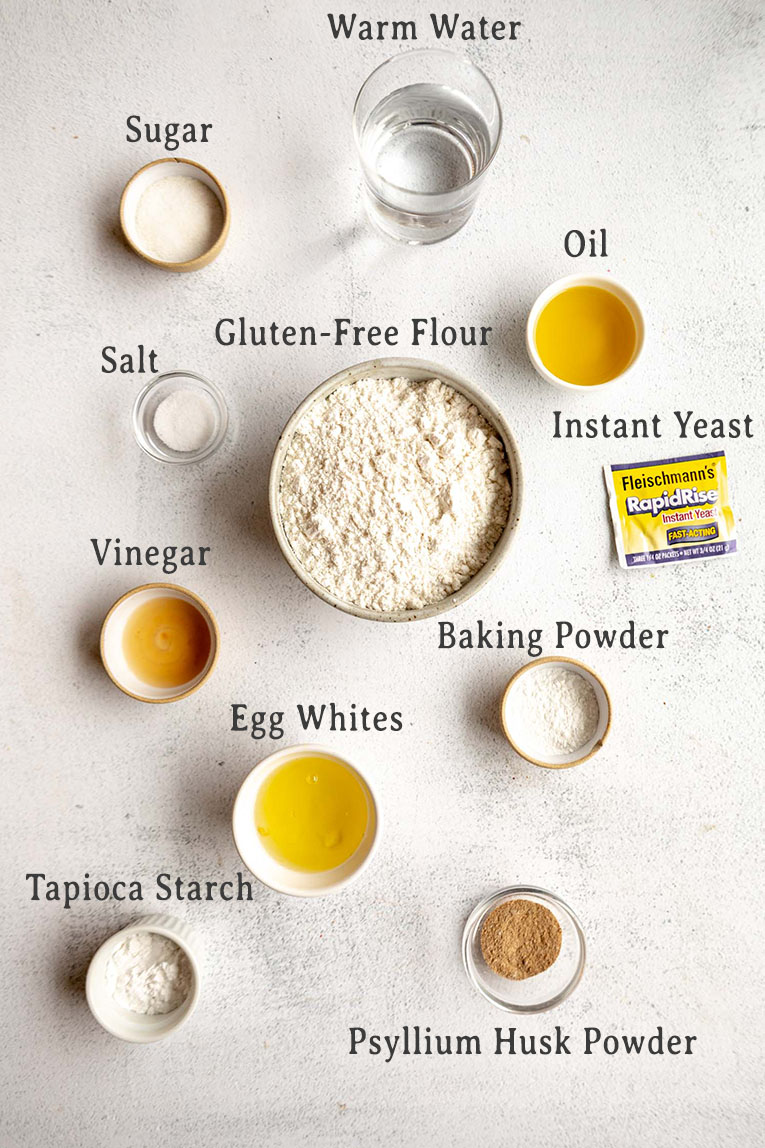 Ingredients for easy gluten-free bagels recipe.