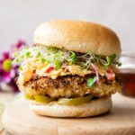 Across photo of a healthy Honey Pepper Pimento Chicken Sandwich recipe.