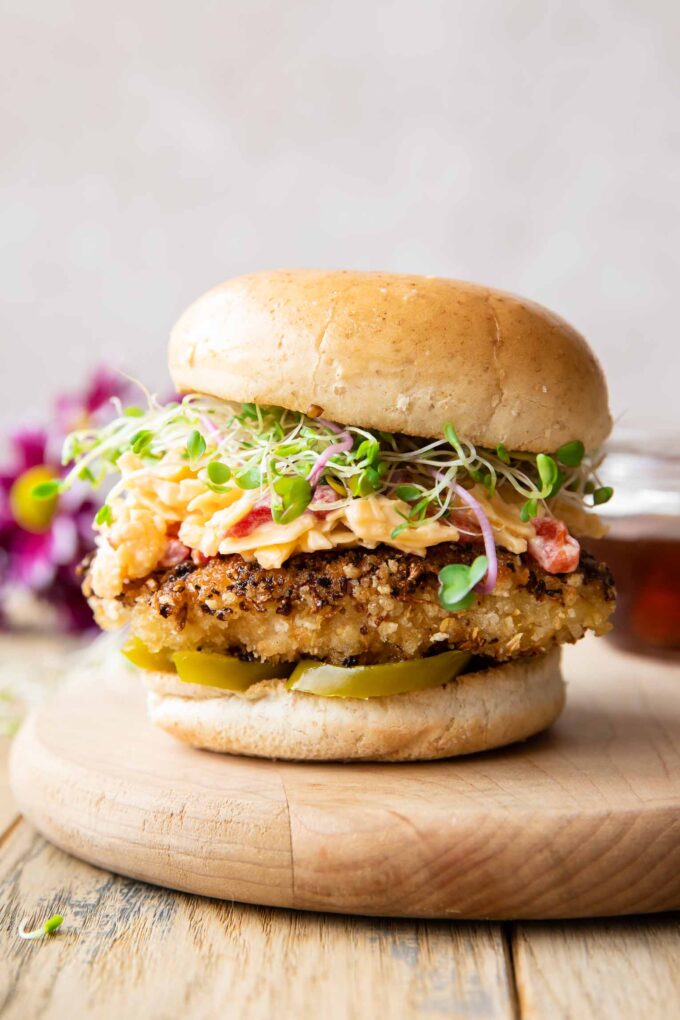 Across photo of a healthy Honey Pepper Pimento Chicken Sandwich recipe.