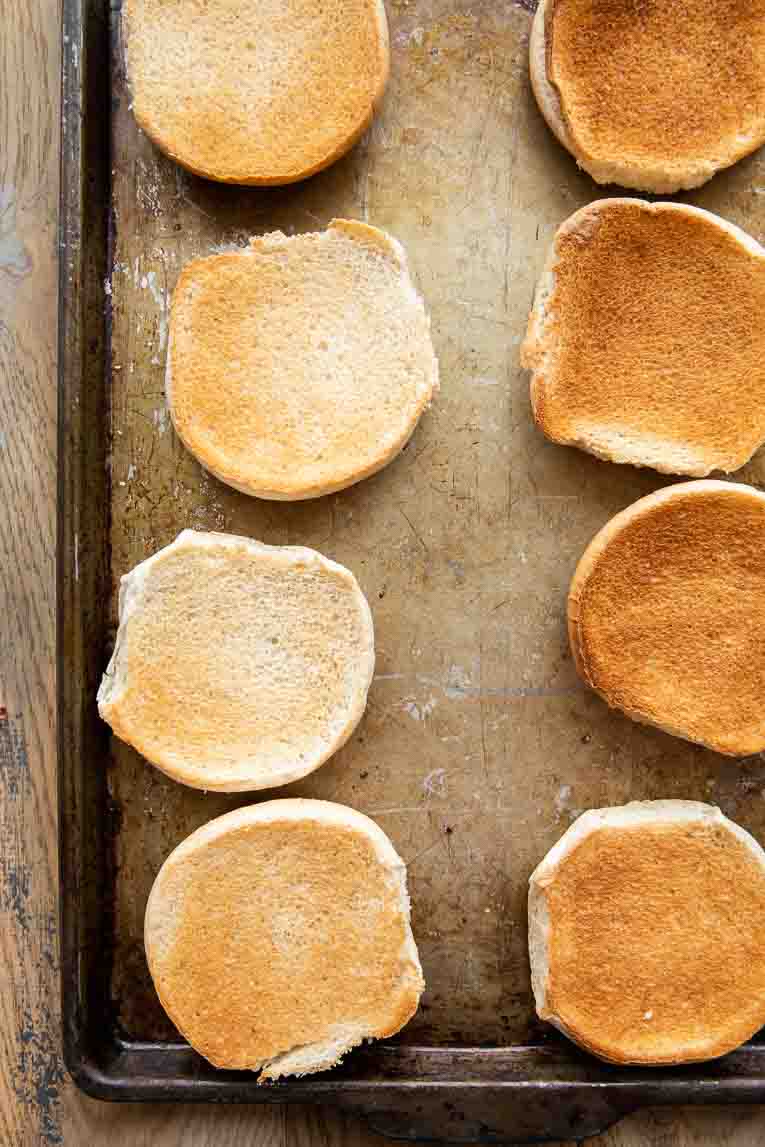 Whole wheat buns being toasted.