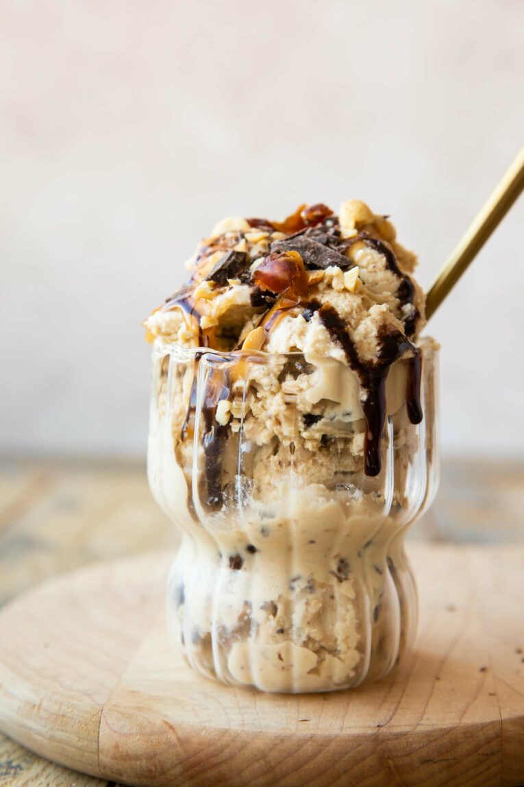 Close up of Ninja Creami Snickers Protein Ice Cream.