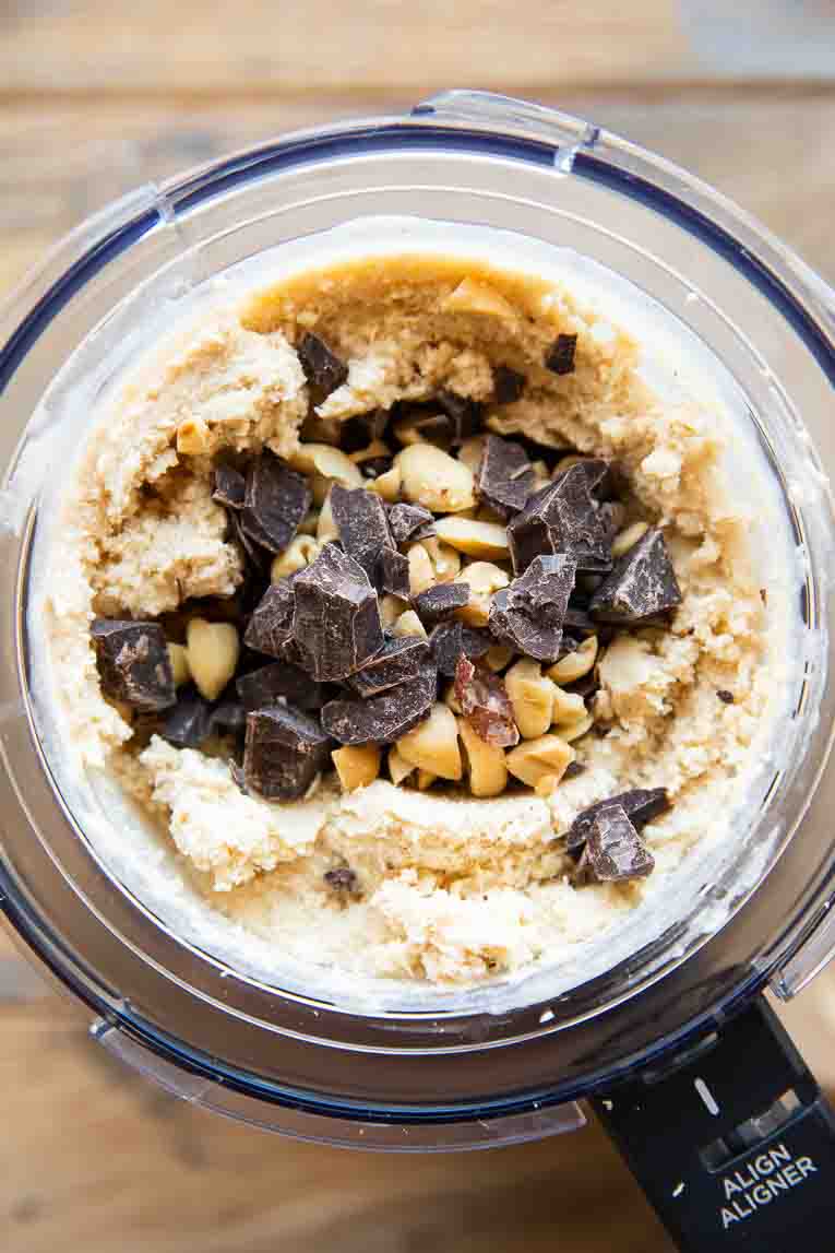 Chopped peanuts, chocolate chips, and dates in peanut butter ice cream.