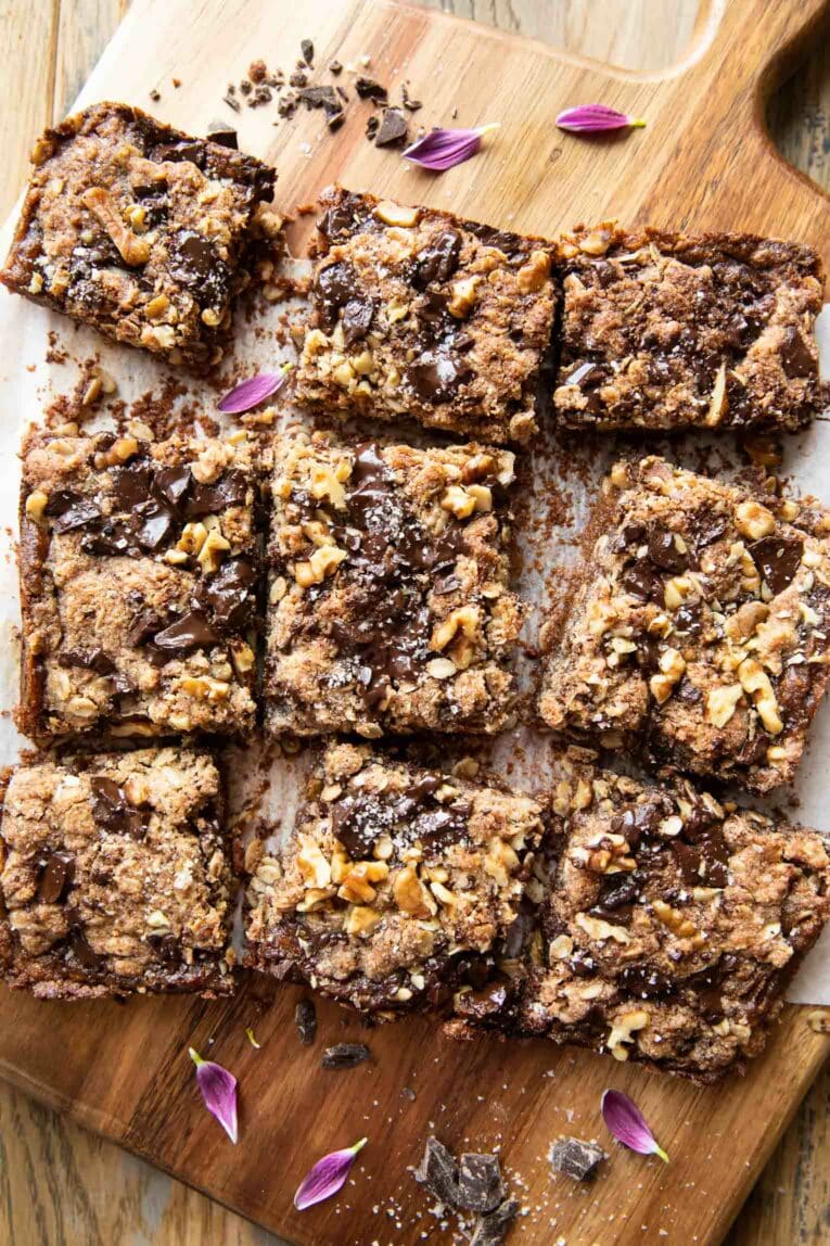 Oatmeal Chocolate Chip Date Bars sliced on a cutting board.