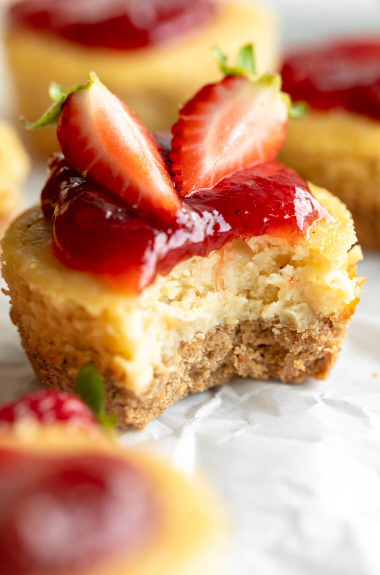 Close up of Protein Cheesecake with bite taken out.