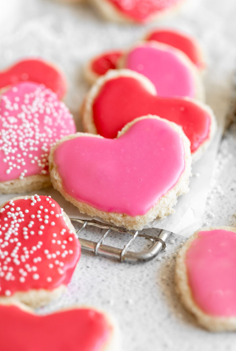 Angled photo of Gluten-Free Valentine's Day Shortbread Cookies.