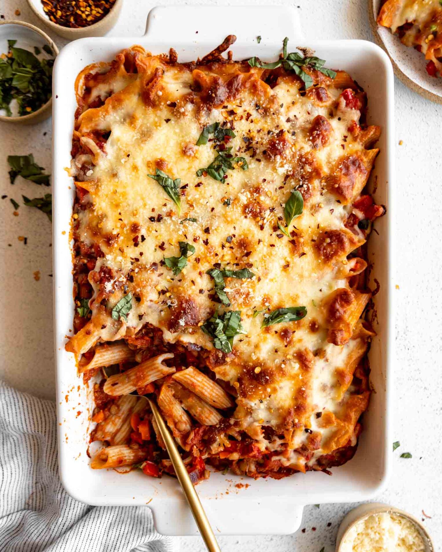Vegan Pasta Bake in a casserole dish.