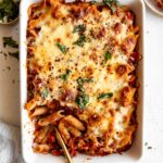 Vegan Pasta Bake in a casserole dish.