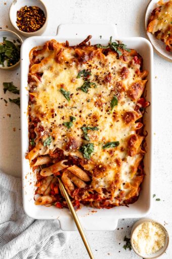 Vegan Pasta Bake in a casserole dish.