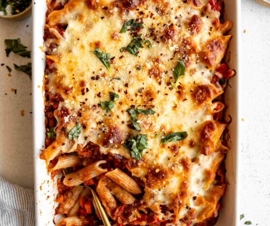 Vegan Pasta Bake in a casserole dish.