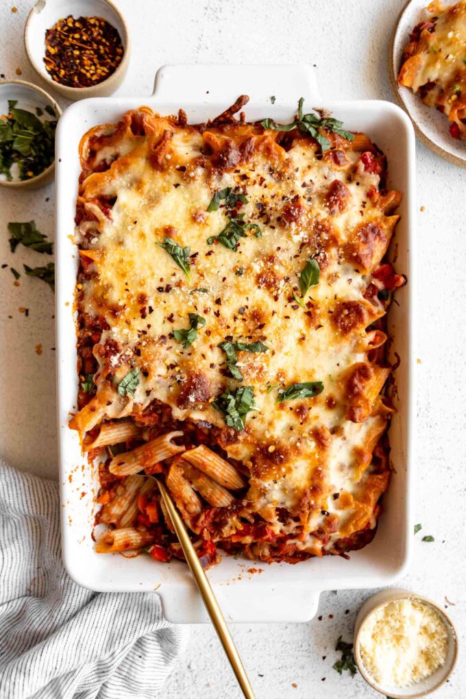 Vegan Pasta Bake in a casserole dish.