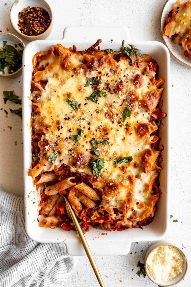 Vegan Pasta Bake in a casserole dish.