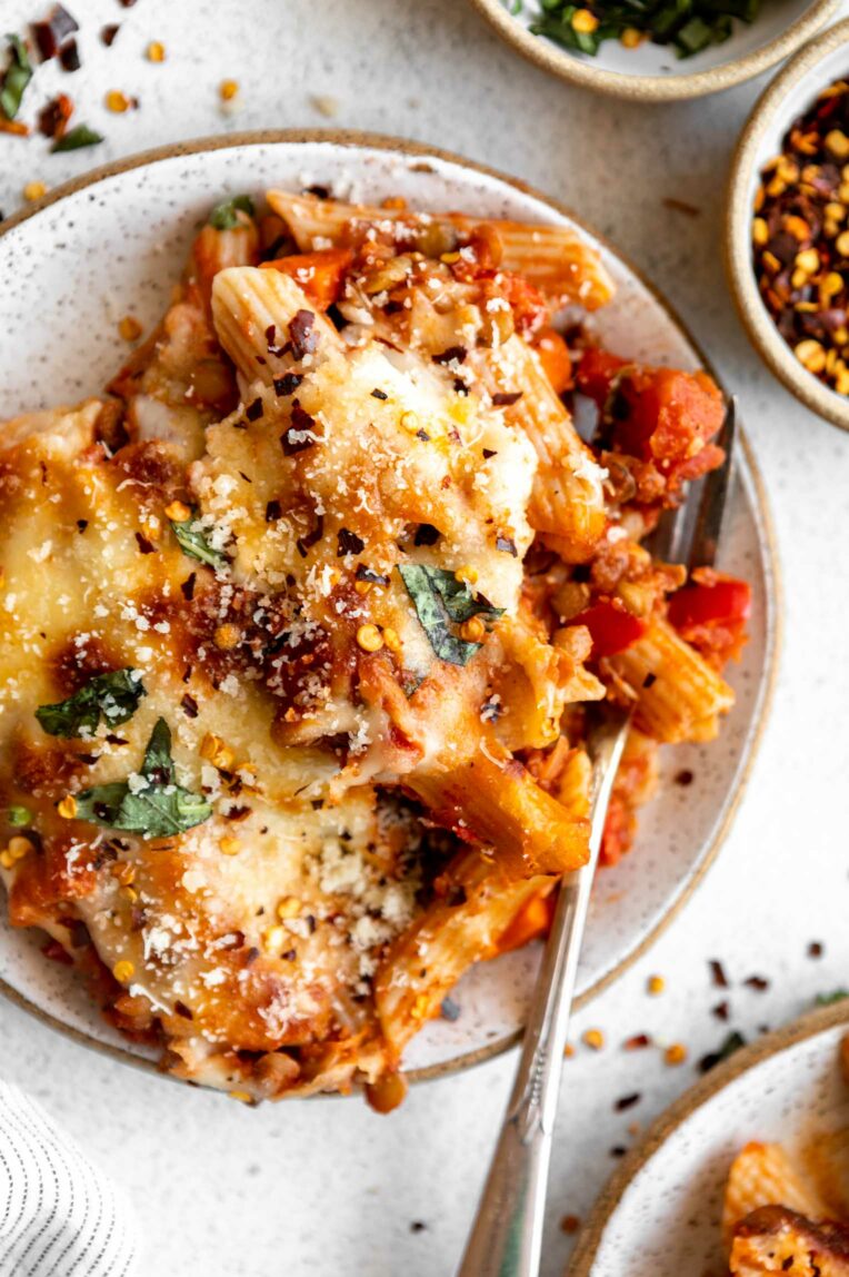 Vegan Pasta Bake on a plate with a fork.