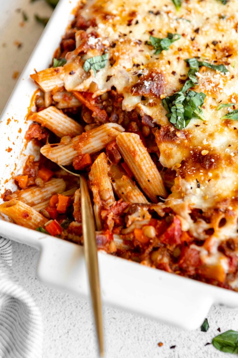 Close up of Vegan Pasta Bake recipe.