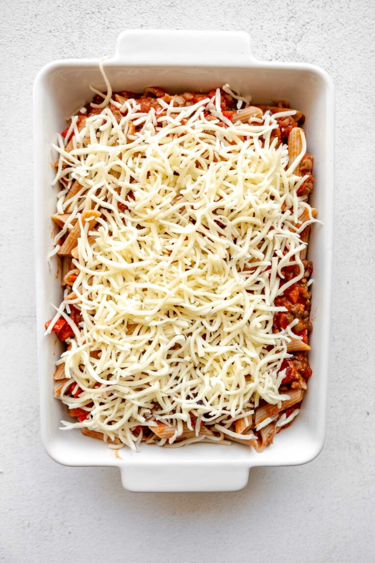 Vegan mozzarella over vegan pasta bake.