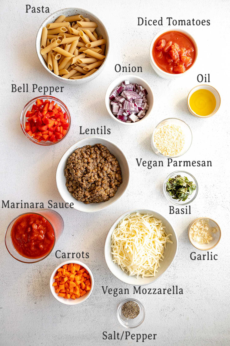 Vegan Pasta Bake ingredients list.