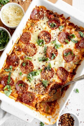 Cauliflower Pizza Casserole low-carb recipe in a baking dish.