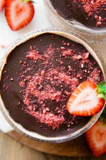 Close up of Chocolate Covered Strawberry Overnight Oats in a jar.