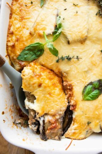 Eggplant Ground Turkey Moussaka close up.