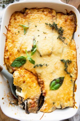 Eggplant moussaka in a casserole dish.