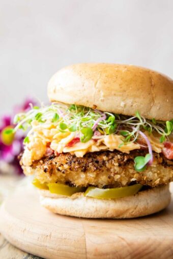 Close up of Honey Pepper Pimento Chicken Sandwich Chick-Fil-A copycat recipe.