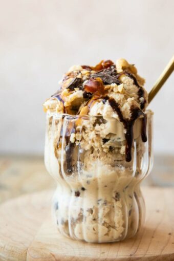 Close up of Ninja Creami Snickers Protein Ice Cream.