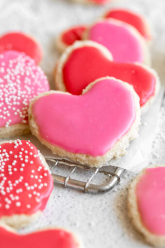 Angled photo of Gluten-Free Valentine's Day Shortbread Cookies.