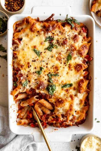 Vegan Pasta Bake in a casserole dish.